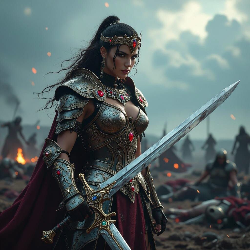 Warrior Queen in Ornate Armor Amidst Battlefield