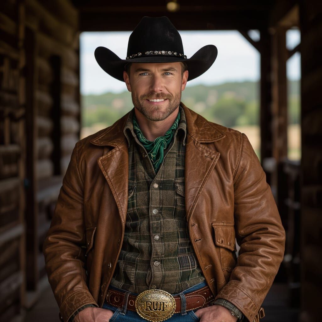 Realistic Cowboy at Sunset in Dusty Western Town