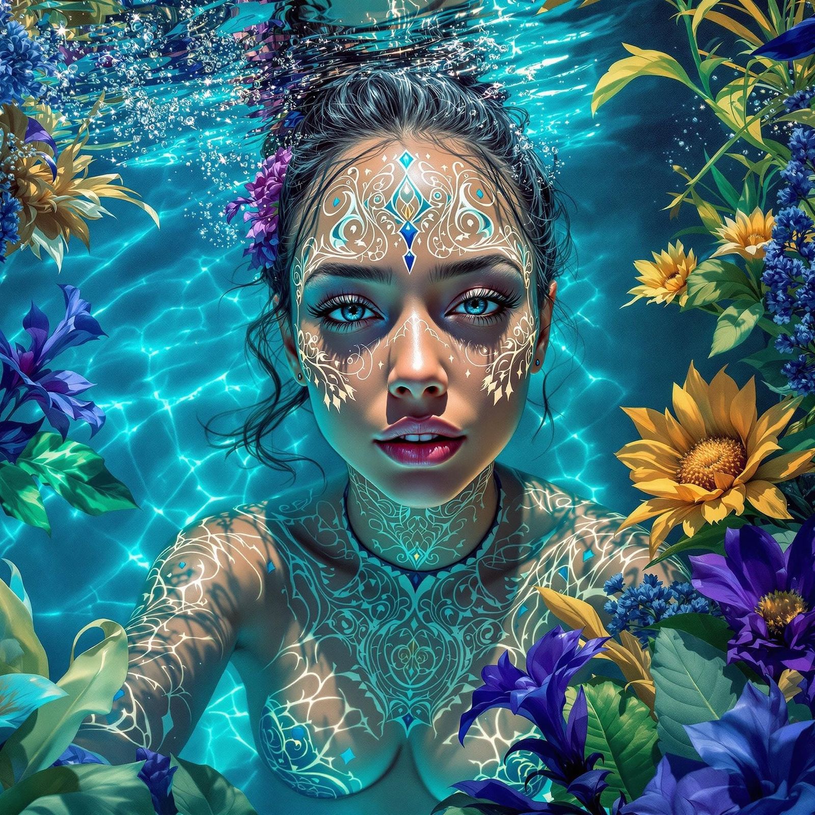 Woman with Glowing Markings in Lagoon: Hyperrealistic Portra...