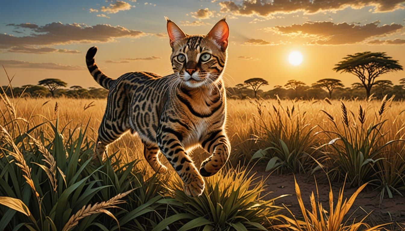 Bengal Cat Leaping Across Savanna: Fantasy Wildlife Art