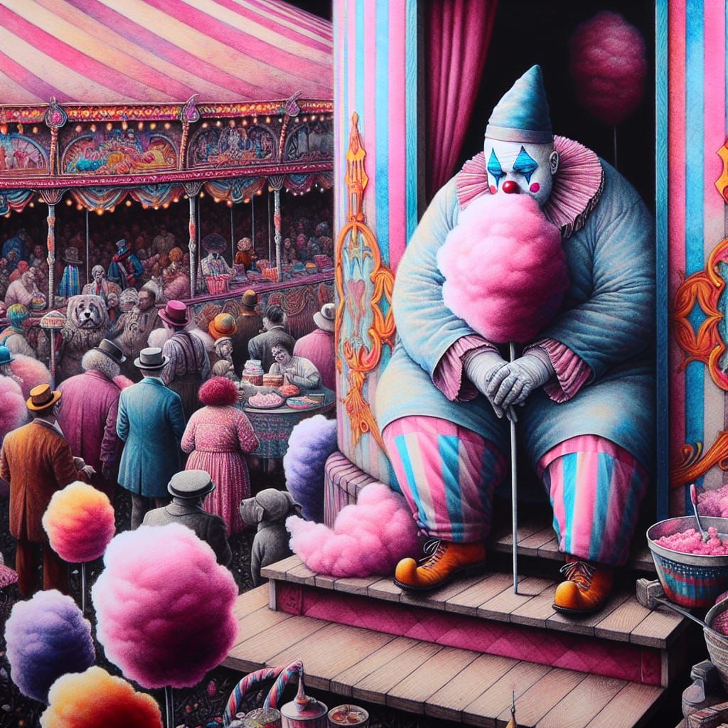 Lonely Clown with Cotton Candy, Albert Watson Style