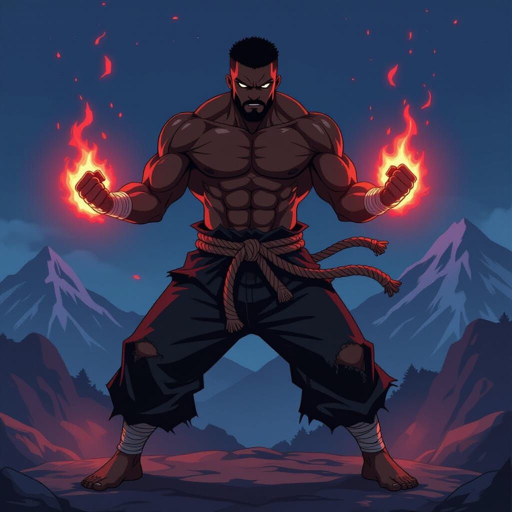 Muscular Martial Artist with Fiery Fists on Mountain