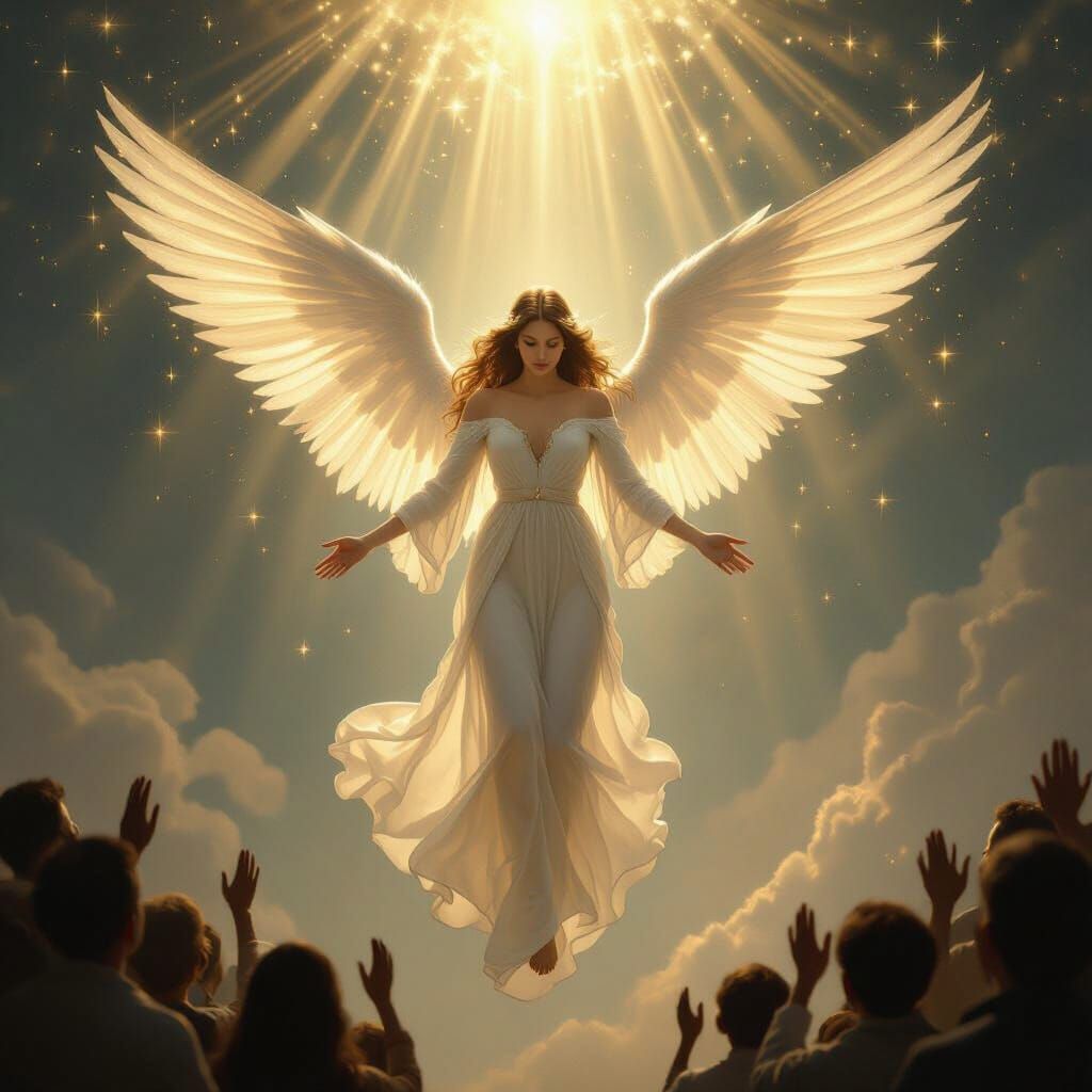 Ethereal Angel Descends Blessing Earth in Painterly Style