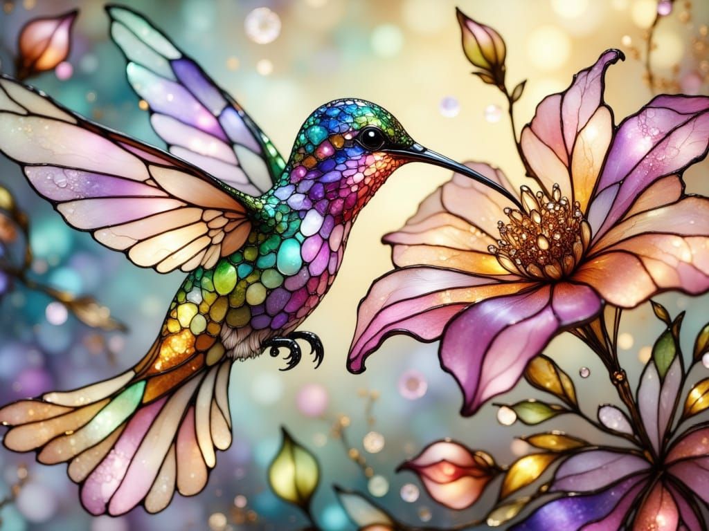 Stained Glass Hummingbird in Vibrant Splendor
