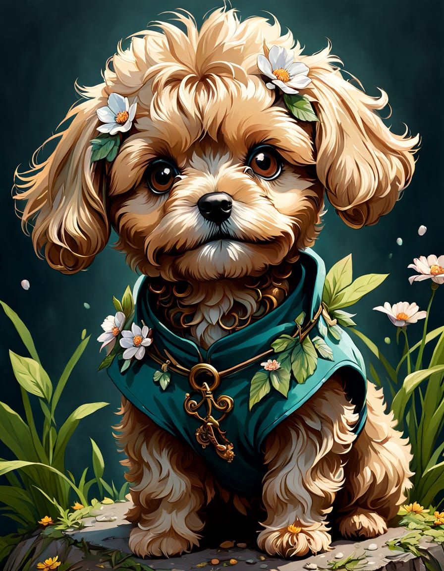Cute Maltipoo Puppy in Vibrant Floral Spring Outfit