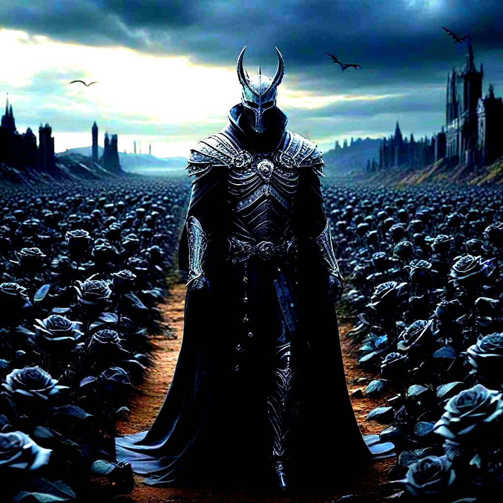 Epic Plague Monarch Over Withered Black Rose Fields