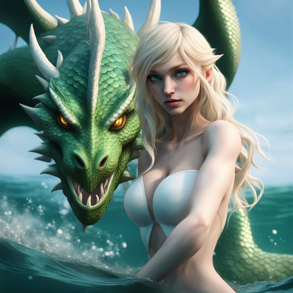 Mermaid and Dragon Battle in the Sea
