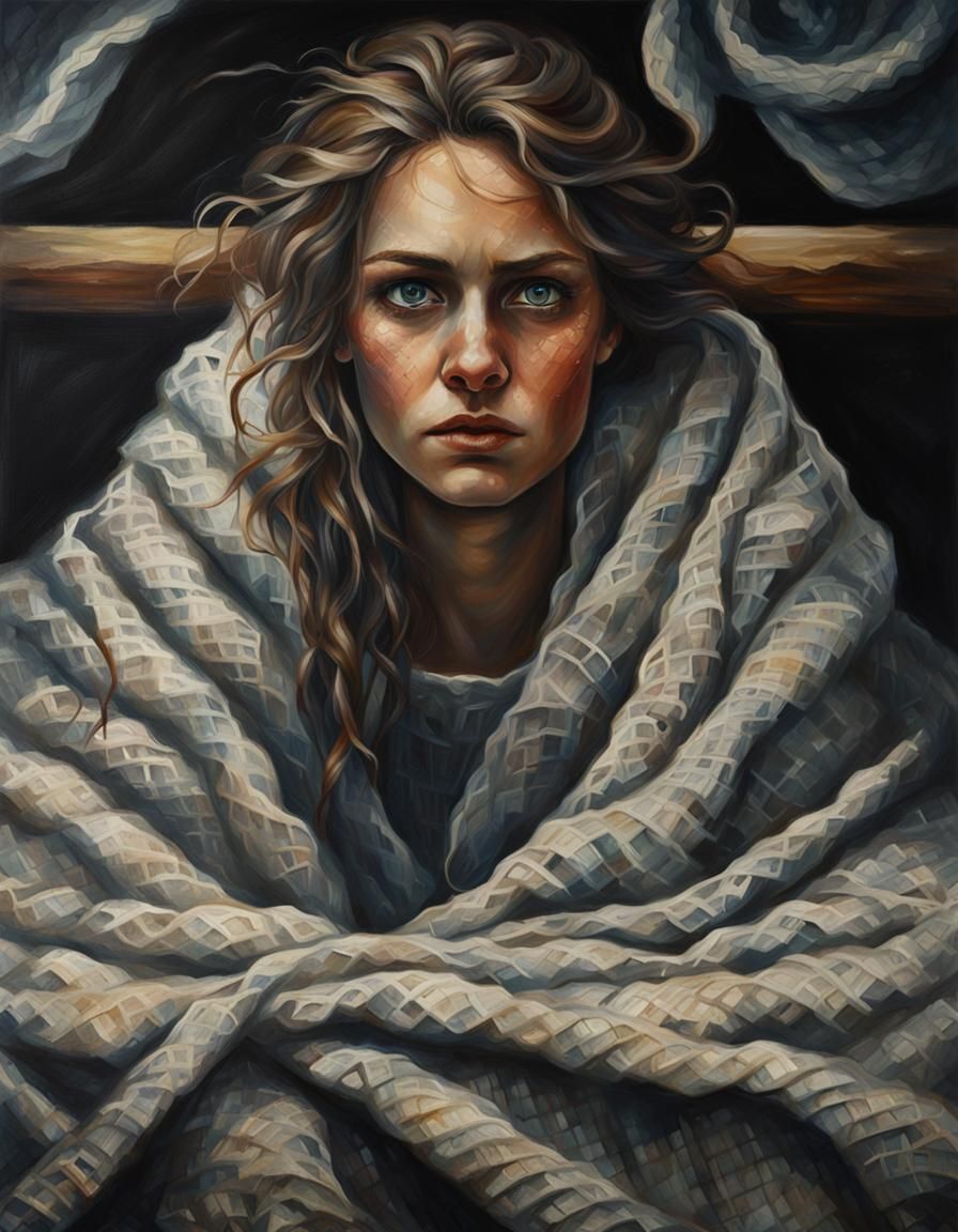 Semi-Realistic Painting: Anchored Woman with Wide Eyes