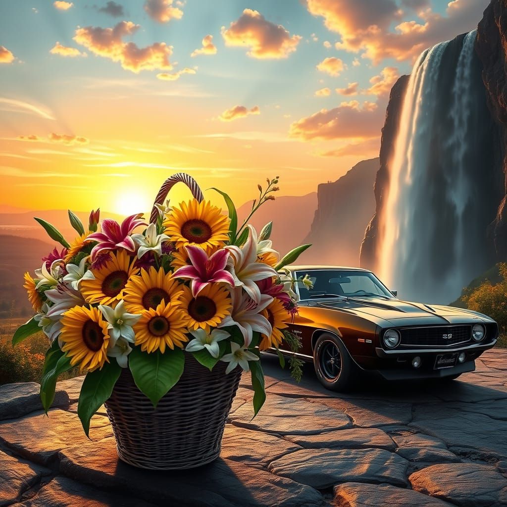 Vibrant Flowerbasket amidst Sunset and Waterfall, with sleek...