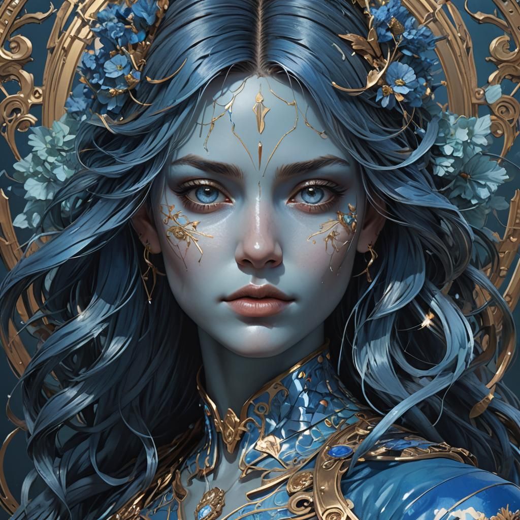 Blue Metal Face Portrait in Hyperdetailed Style