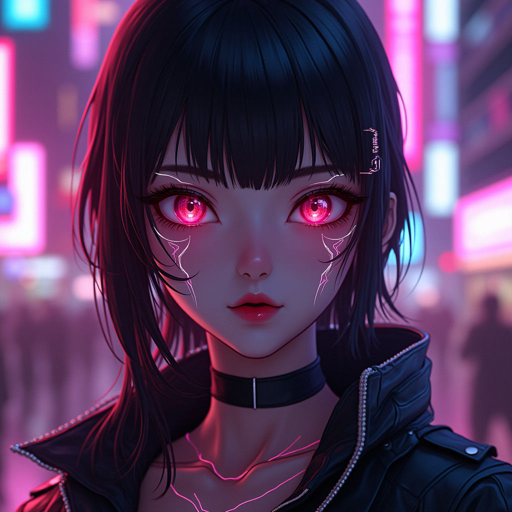 Cyberpunk Asian Woman Portrait in Neon Cityscape