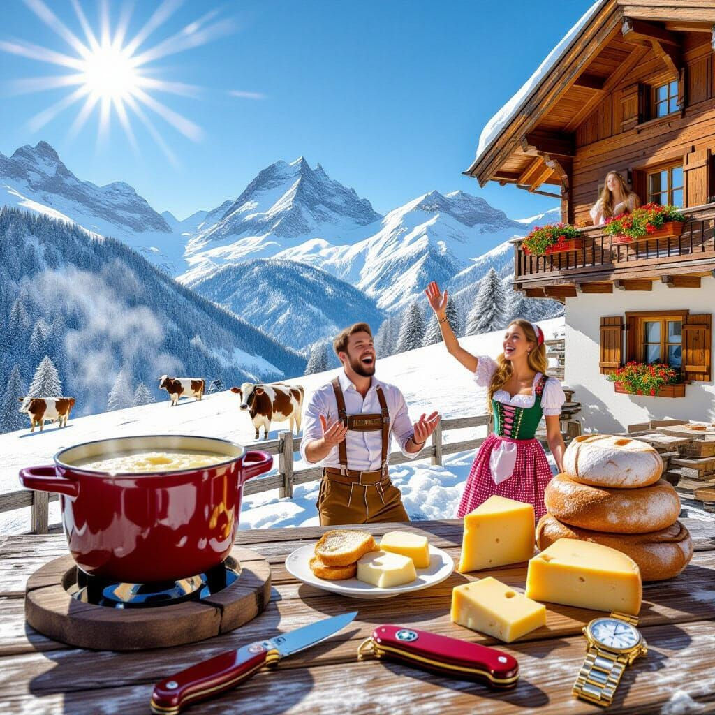 Kitschy Swiss Alps Postcard with Fondue and Chalet