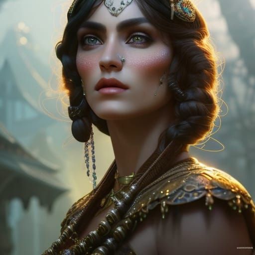 Medieval Woman in Twilight Marketplace: Photorealistic Fanta...