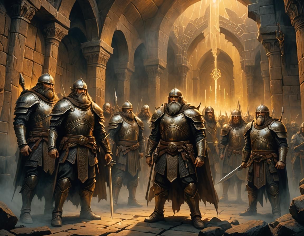 Khazad-dûm Warriors in Golden Light: Fantasy Illustration