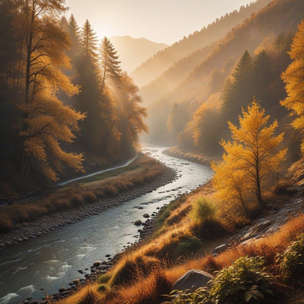 River Valley in Autumnal Golden Light
