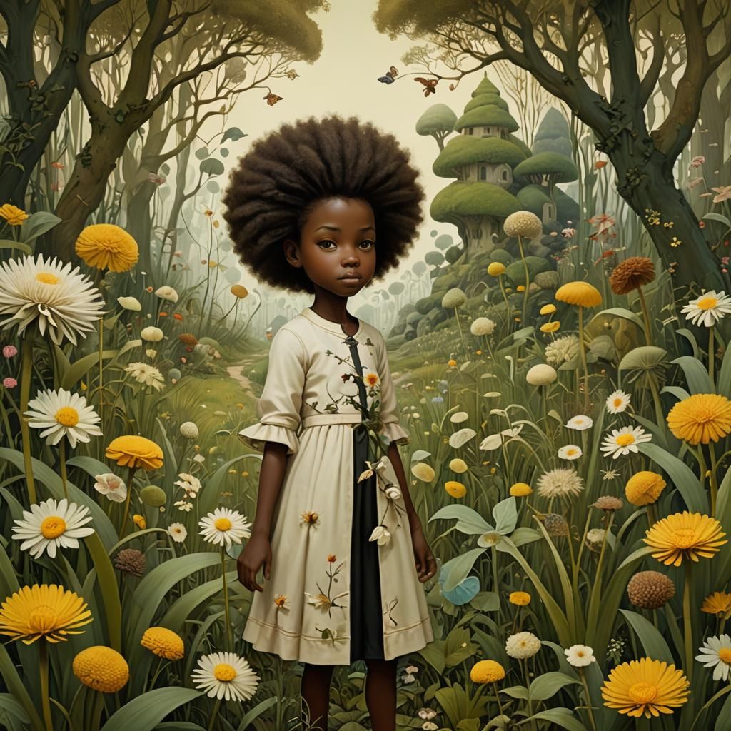 Miniature Girl's Journey Through a Surreal Garden