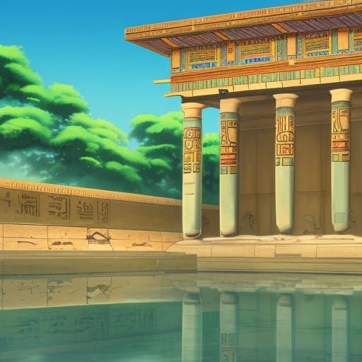 Egyptian Courtyard with Koi Pool in Anime Style