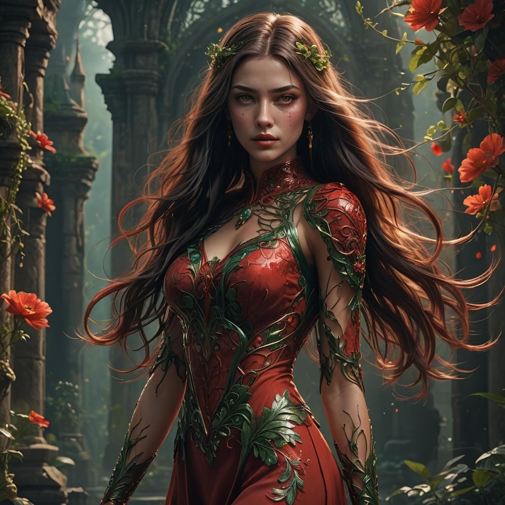 Woman in Red Dress: Detailed Matte Painting