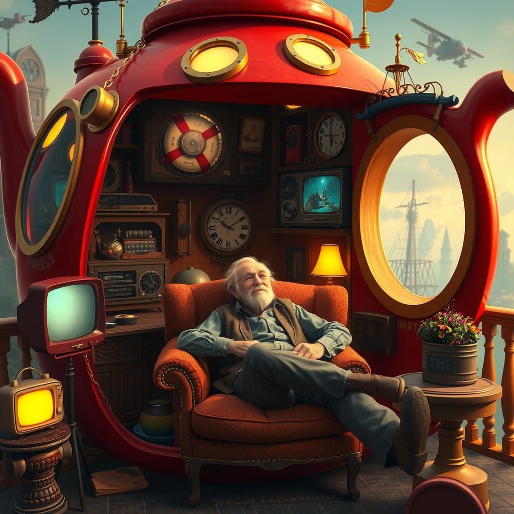 Steampunk Teapot House Whimsy: Cozy Interiors, Red Exterior,...