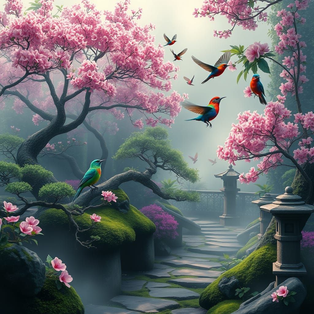 Ethereal Birds in a Serene Japanese Garden