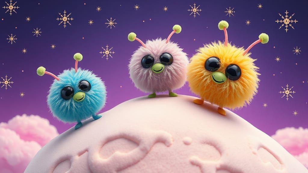 Whimsical Alien Pom Poms on Marshmallow Planet