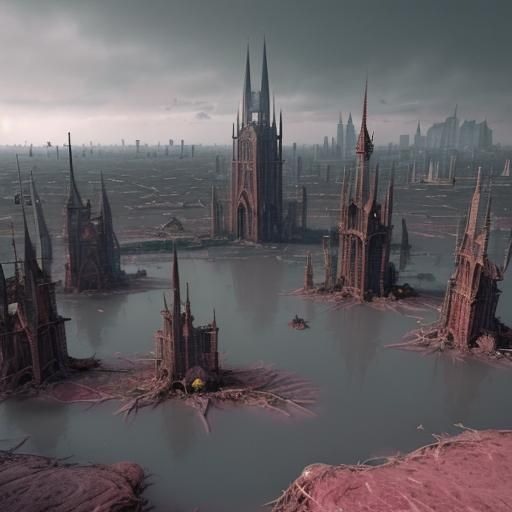 Drowned City Spires in Expressionist Horror Art