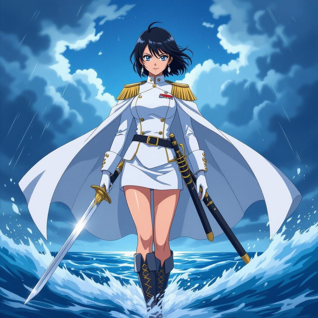 Anime Female Admiral in White Uniform with Sword and Cape
