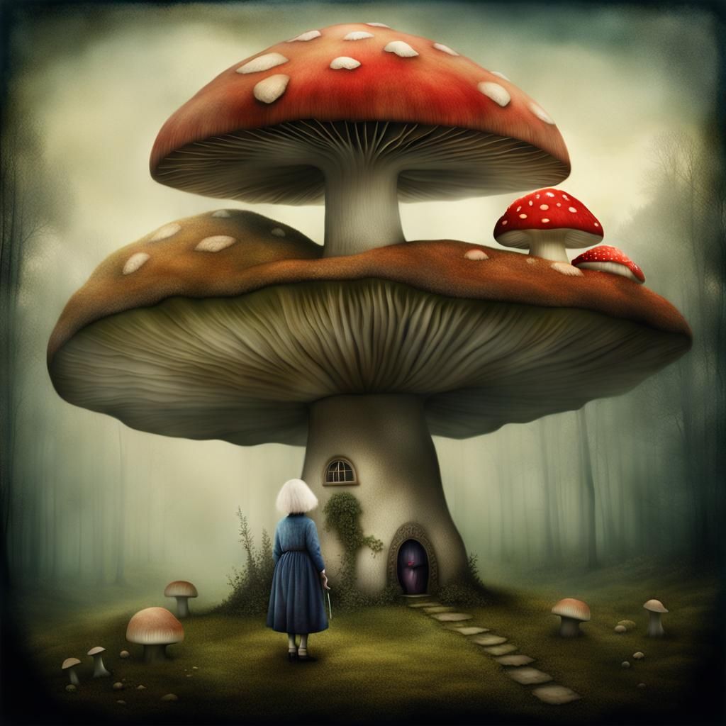 Old Woman in Giant Mushroom, Surreal Photo