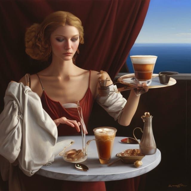 Hyperrealistic Painting of a Woman With iPad and Coffee
