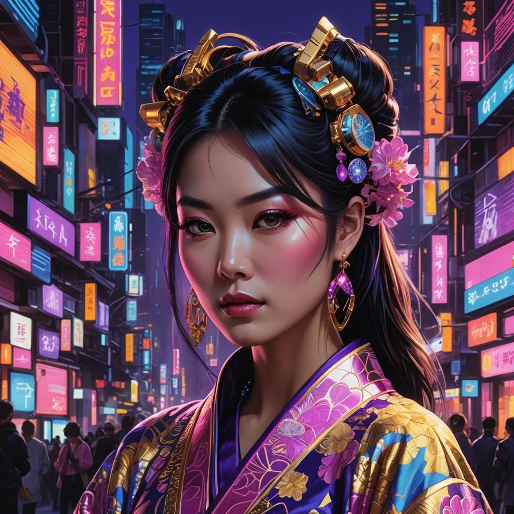 Japanese Woman in Neon Cityscape: Digital Portrait