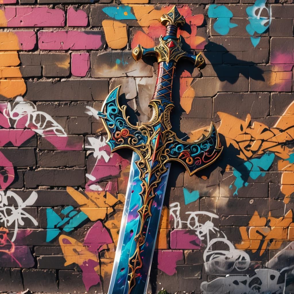 Anime Sword Close-Up with Graffiti Art