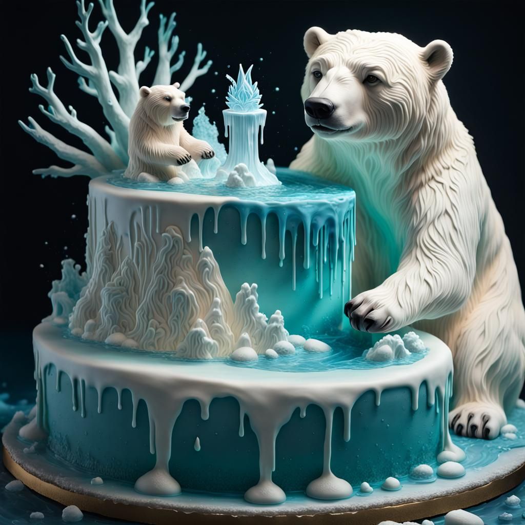 Bioluminescent Polar Bear Cake Sculpture in Splash Art Style