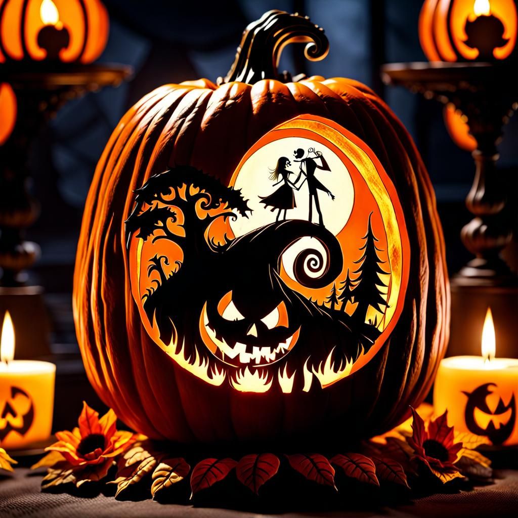 Jack and Sally Pumpkin Carving in Hyperrealistic Style
