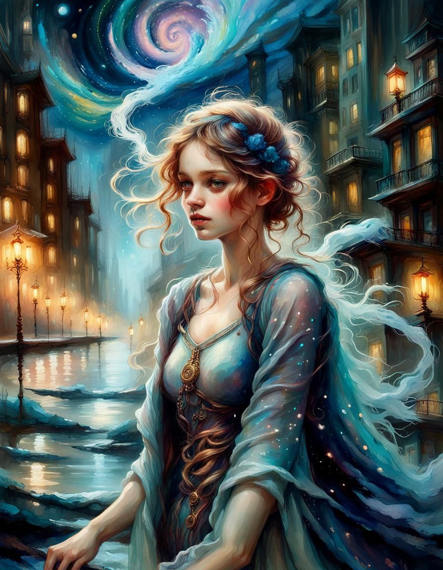 Bioluminescent Starlit Fantasy Landscape, Watercolor Art