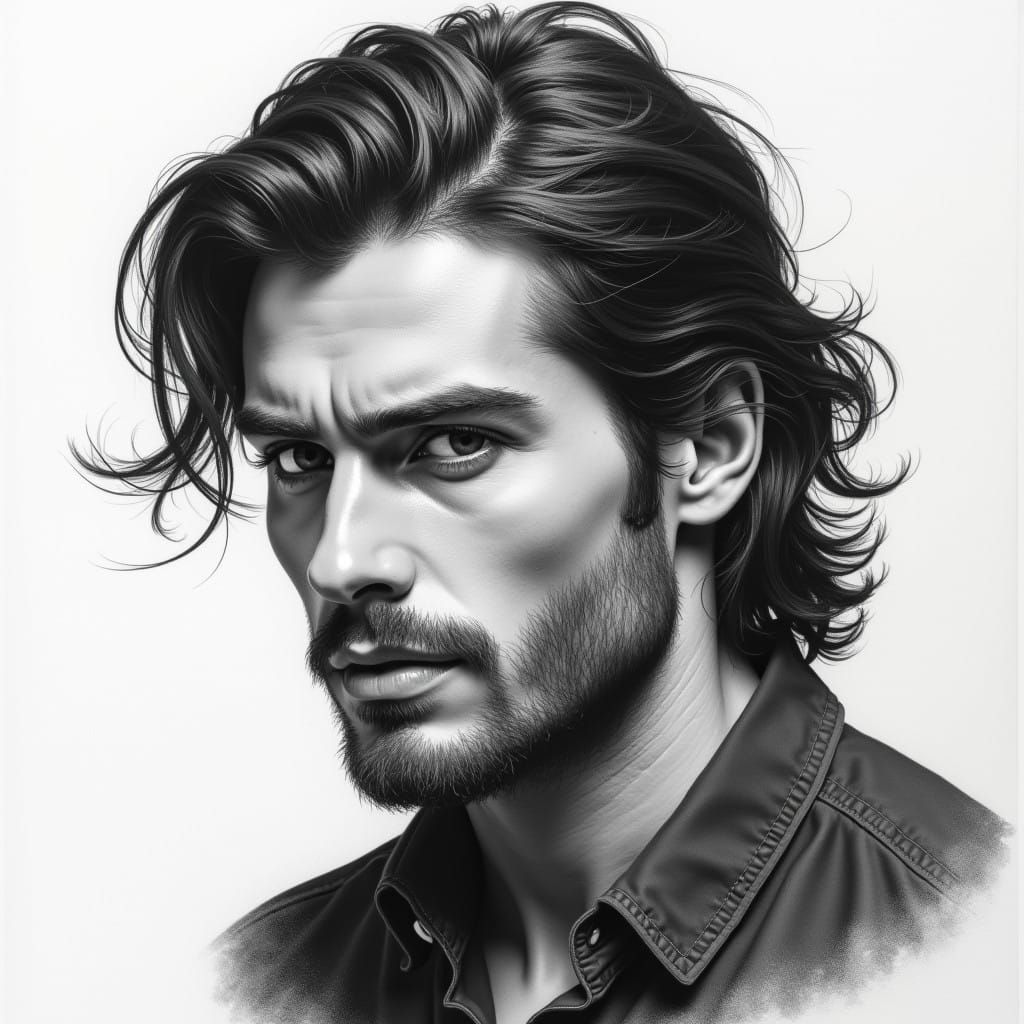 Hyperdetailed Charcoal Portrait of a Dark-Eyed Man