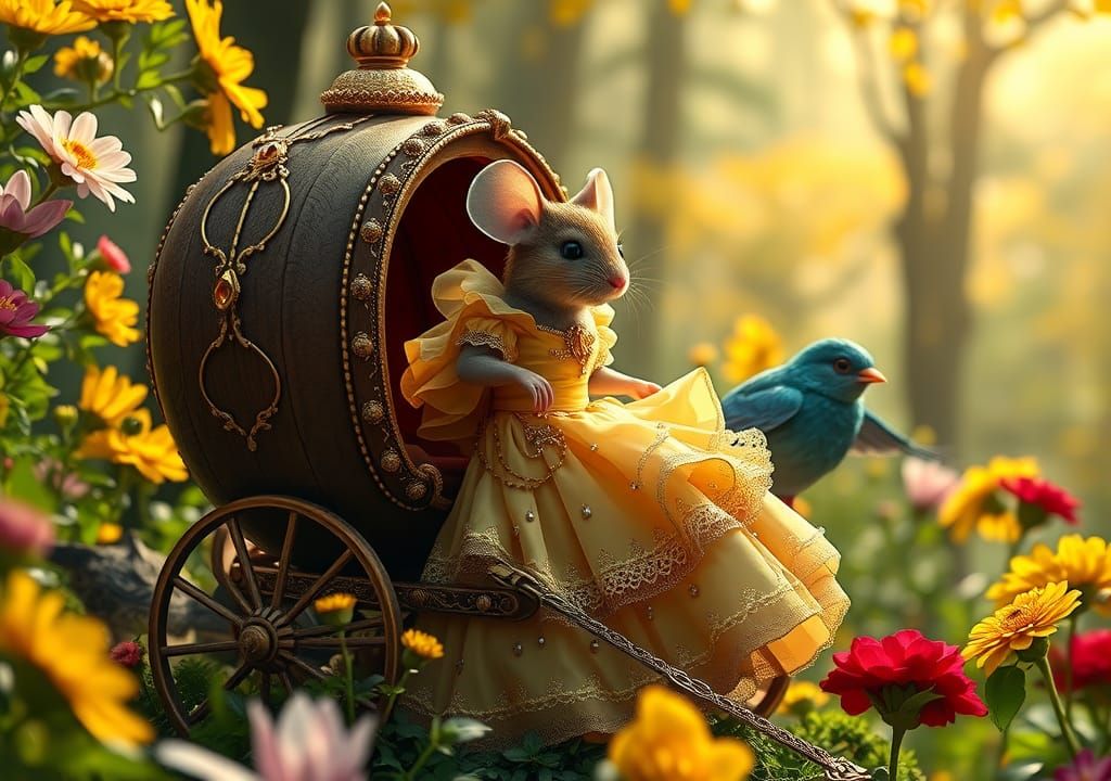 Mouse in Ballgown Drawn by Bluebirds in Forest