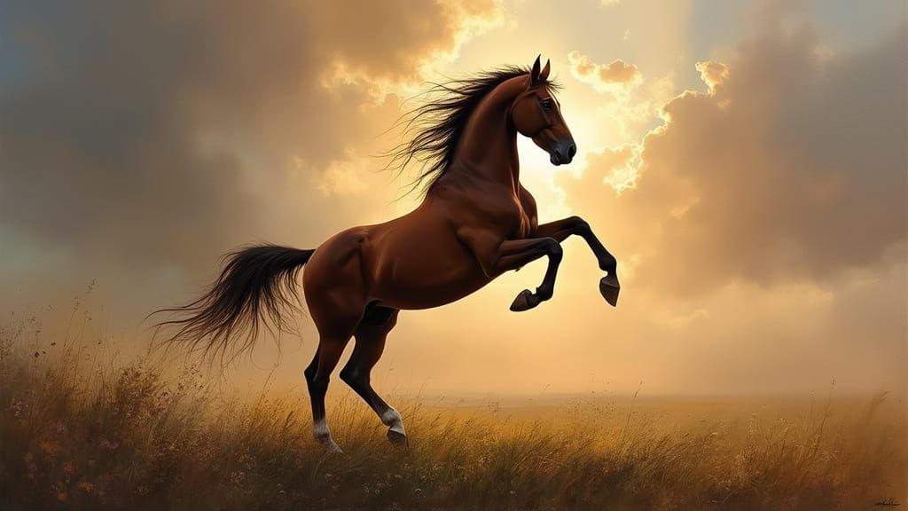 Horse Rearing in Dramatic Landscape, Equine Art