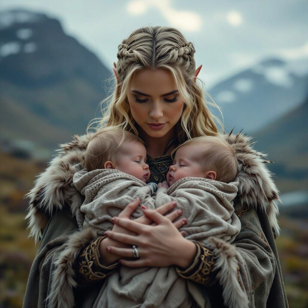 Norse Elf Woman with Twin Babies in Cinematic Style