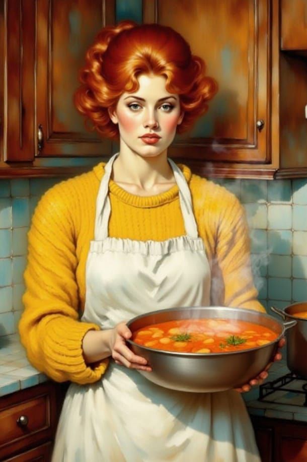 Red-Haired Woman with Thanksgiving Turkey in Post-Impression...