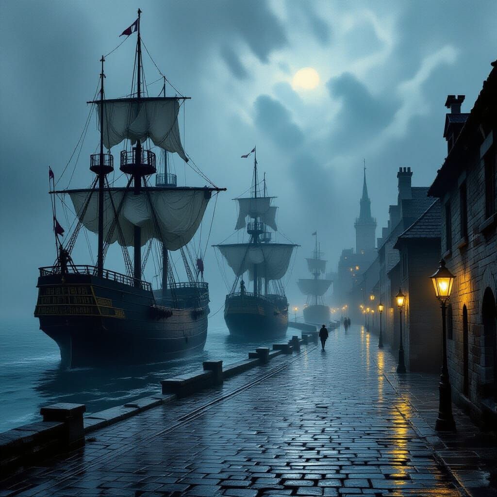 Stormy Port City with Ships in Romanticism Style