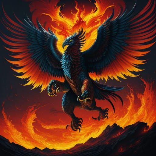 Majestic Lion-Eagle Phoenix Hybrid in Fiery Skies with Lava
