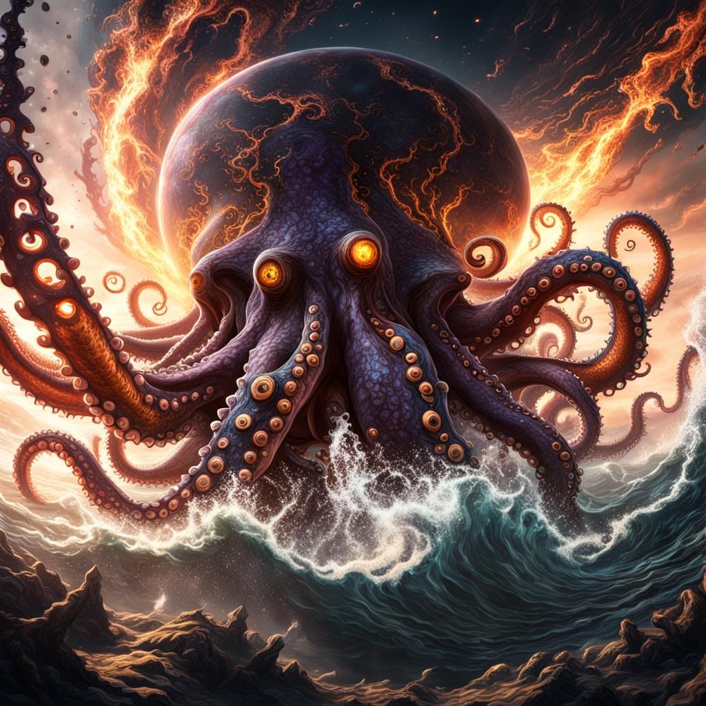 Giant Octopus Escapes Black Hole: Detailed Matte Painting