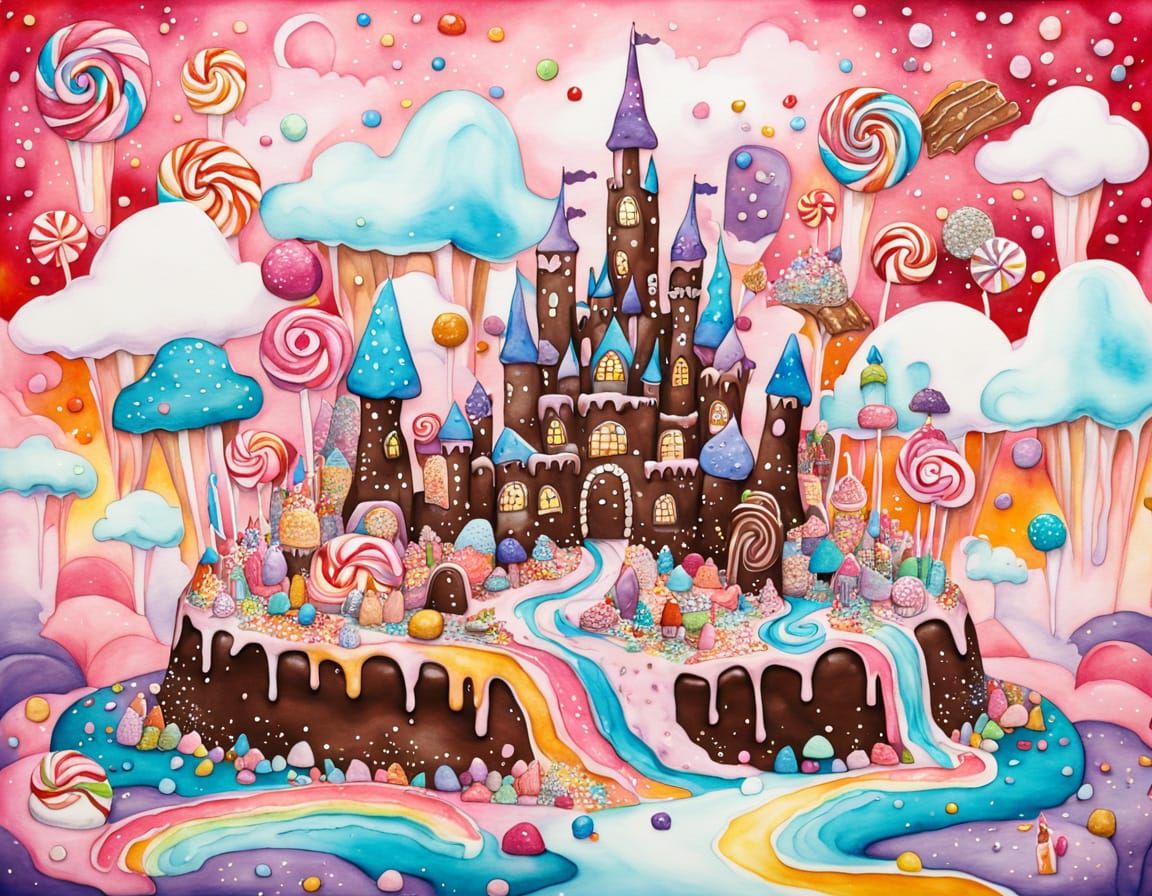 Whimsical Candy Kingdom Watercolor and Ink Illustration