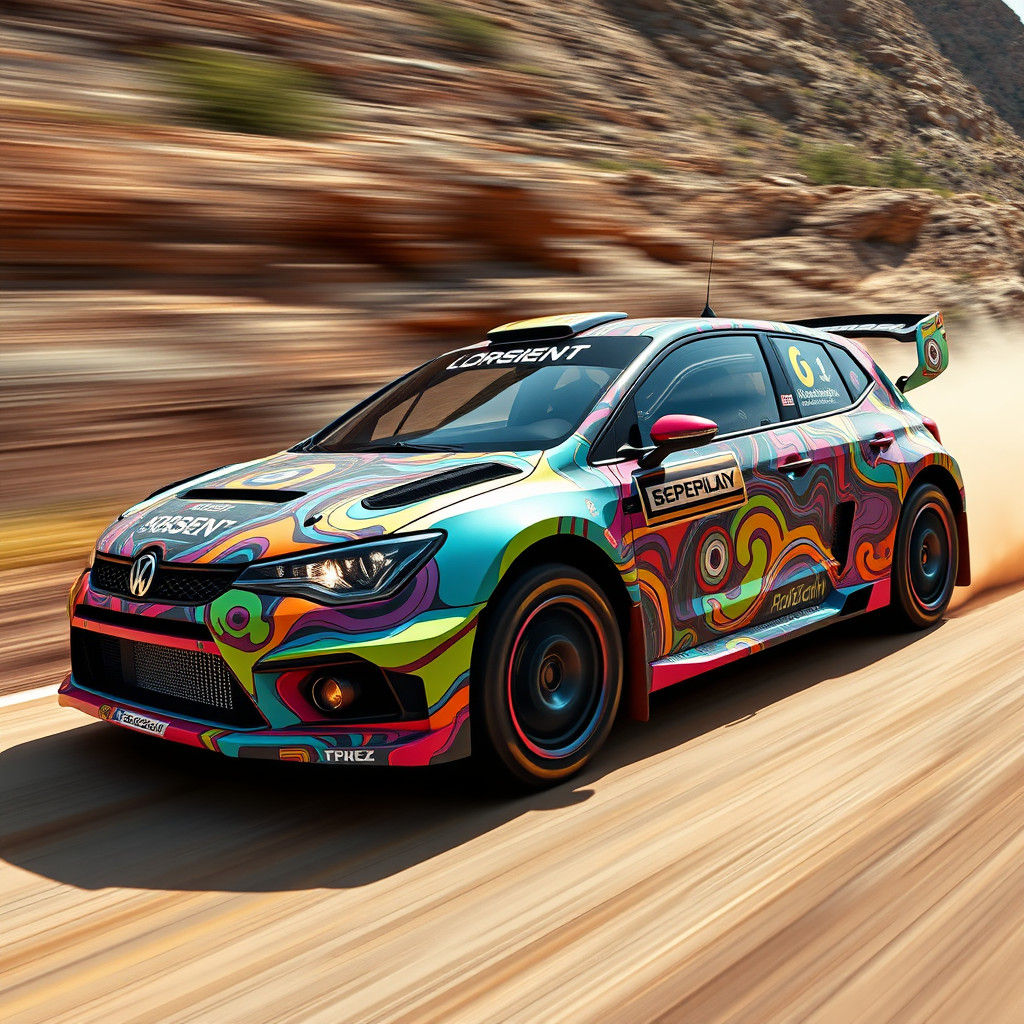 Rally car wrapped in "sally cinnamon* artwork