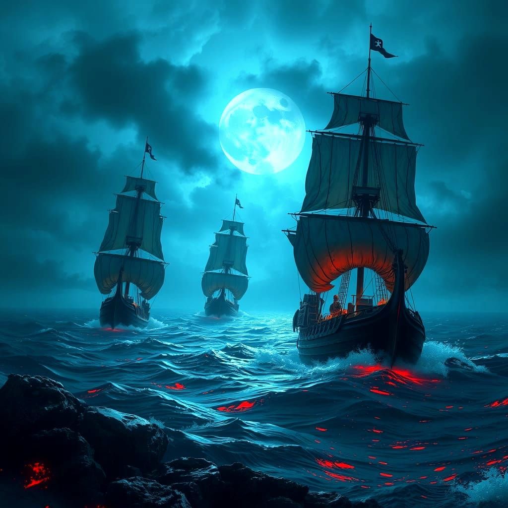 Mystical Open Ocean Scene in Dark Greens and Blues