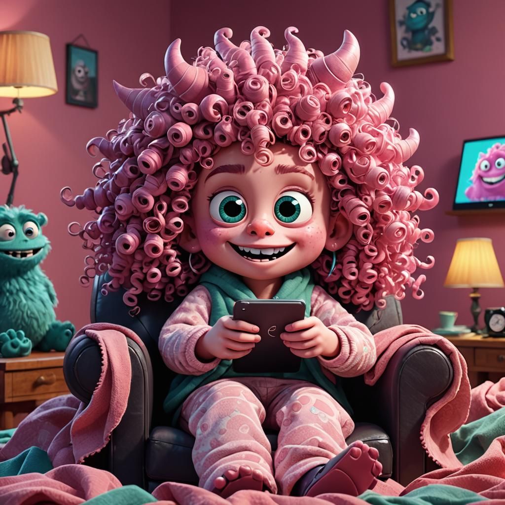 Pink Monster in Rollers: Pixar-Style 3D Art