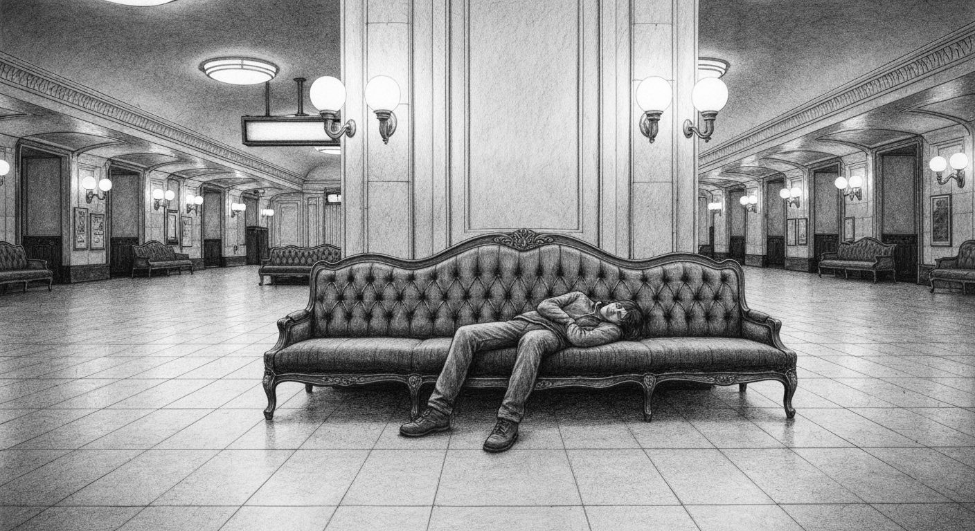 Solitary Figure on Art Deco Metro Bench