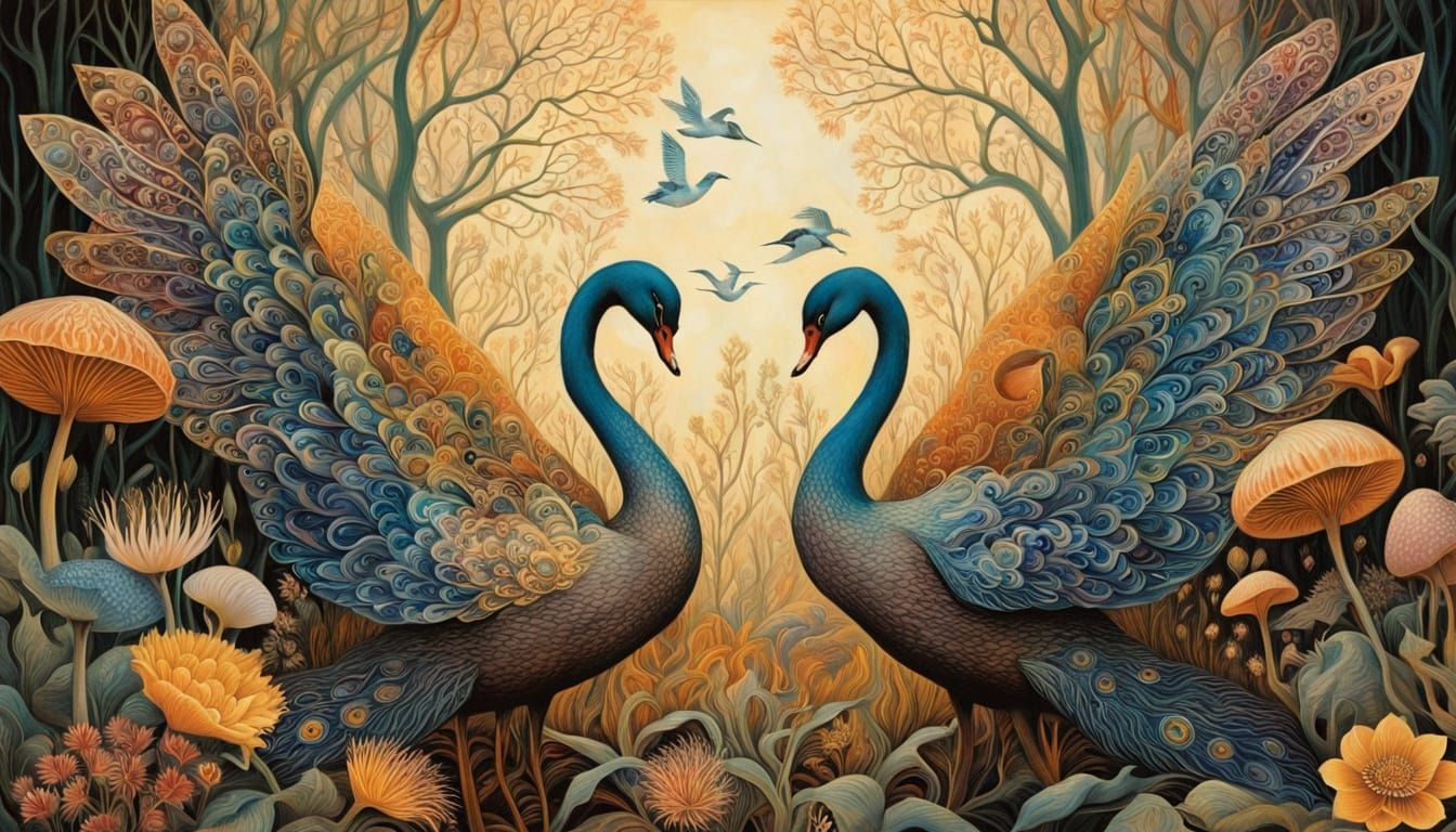 Women Rise with Swan Wings, Adorned in Iridescent Florals, a...