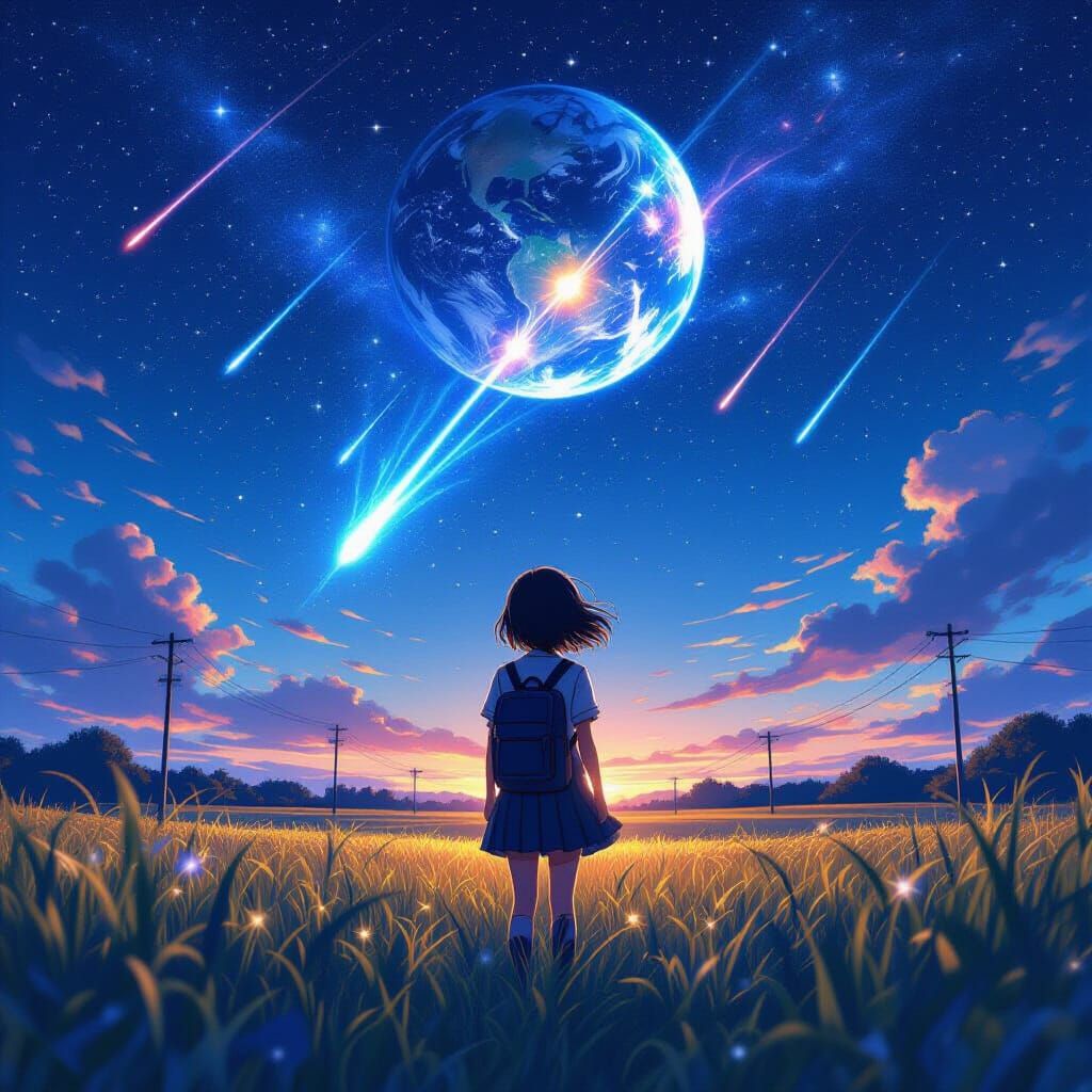 Anime Girl Under Starry Sky with Meteor Shower