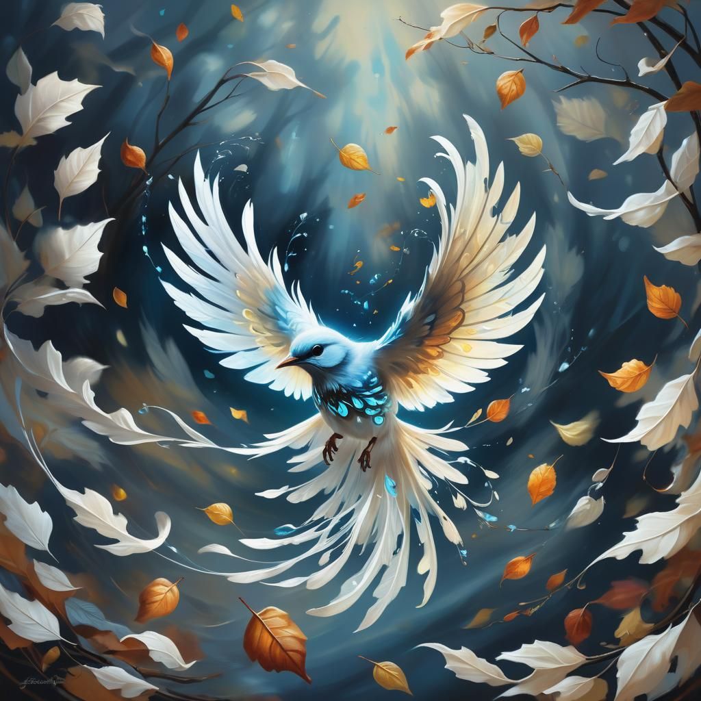 Bioluminescent Bird in Autumn Whirlwind: Oil Painting